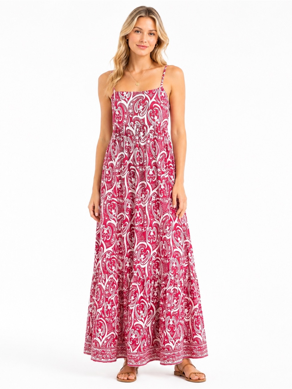1.STATE Linen Blend Paisley Maxi Dress Adjustable Straps Smocked Red Cream M NWT